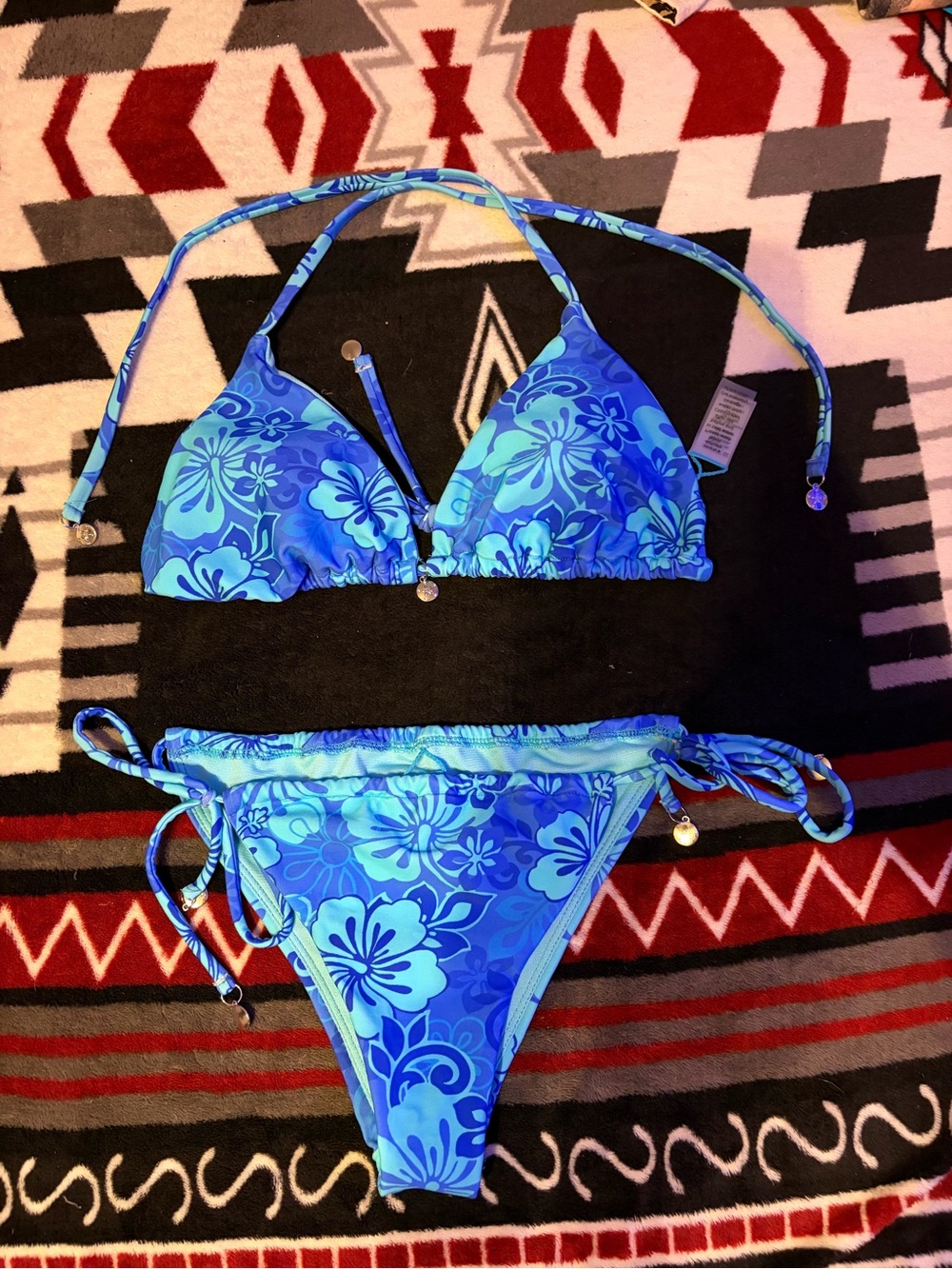 Girls' Blue Floral Tie-Side Bikini Set